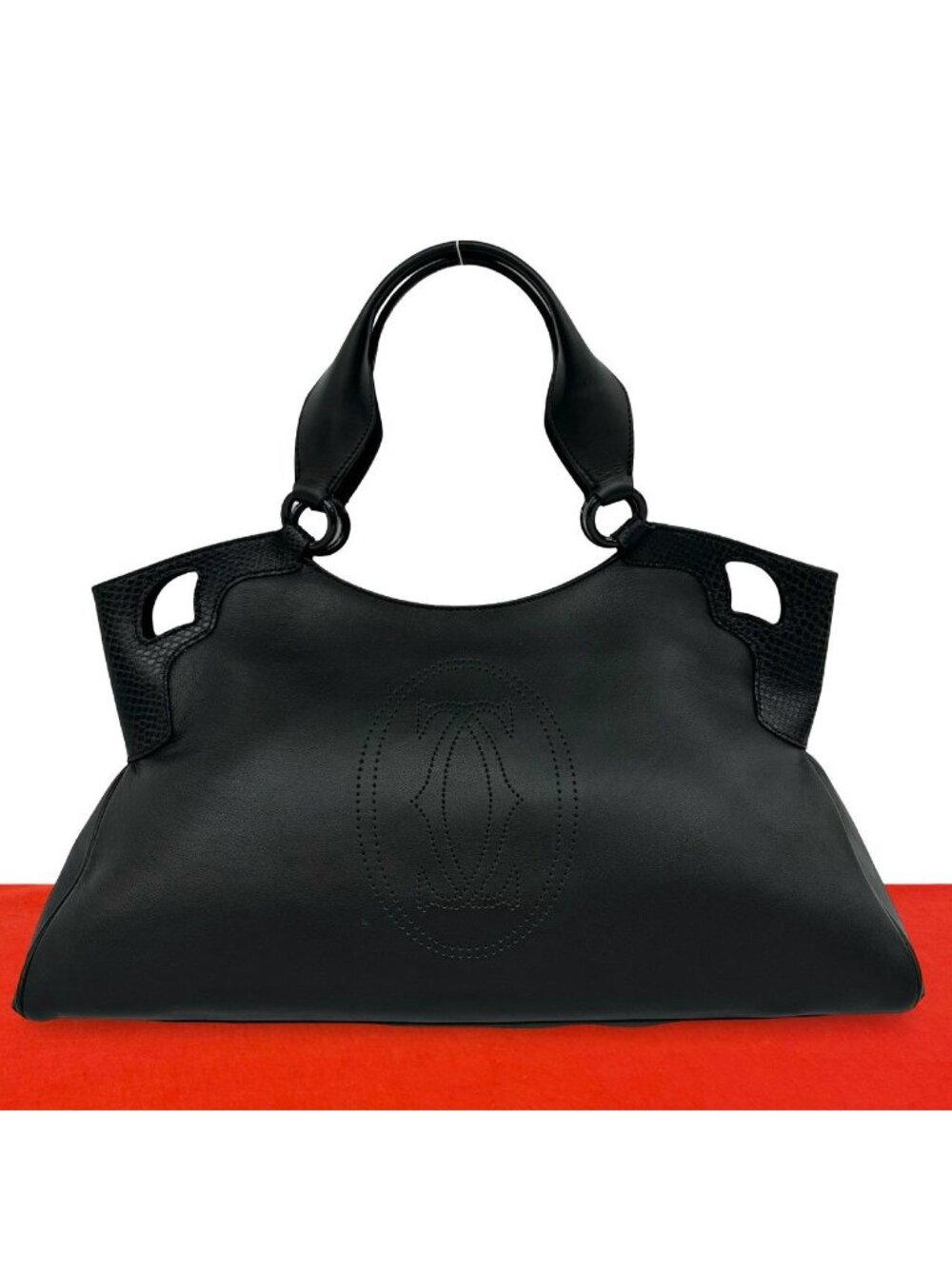 Cartier Marcello Perforated Logo Leather Tote Mini Boston Bag Black